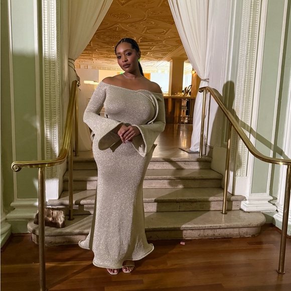 Meshki Glittering Cream Off-Shoulder Dress - Picture 2 of 2